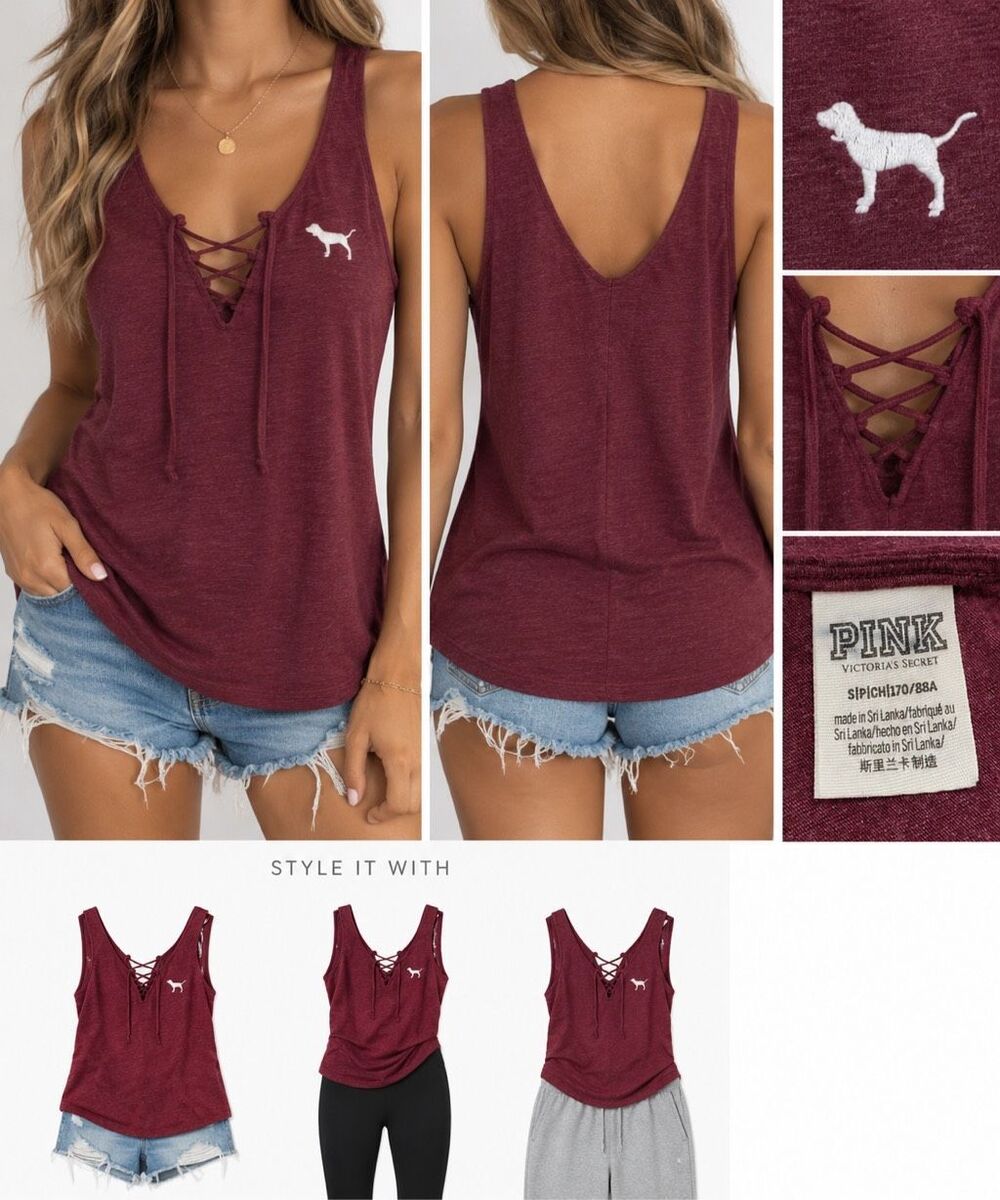 PINK Victoria’s Secret Size S Burgundy Lace Up Tank Top Y2K Logo